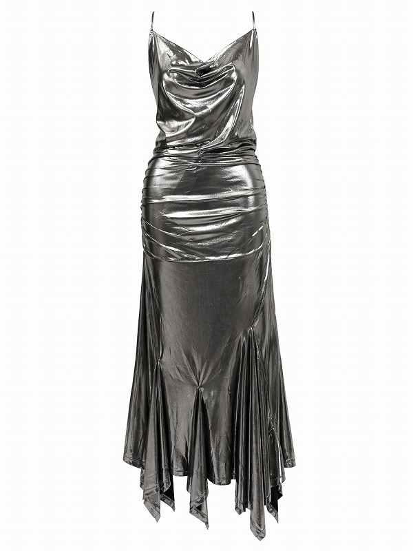 【新品DRESS 955】シルバー光沢ドレープヒップシャーリングロングドレス シルバー【AMY LYNN ALASKA】